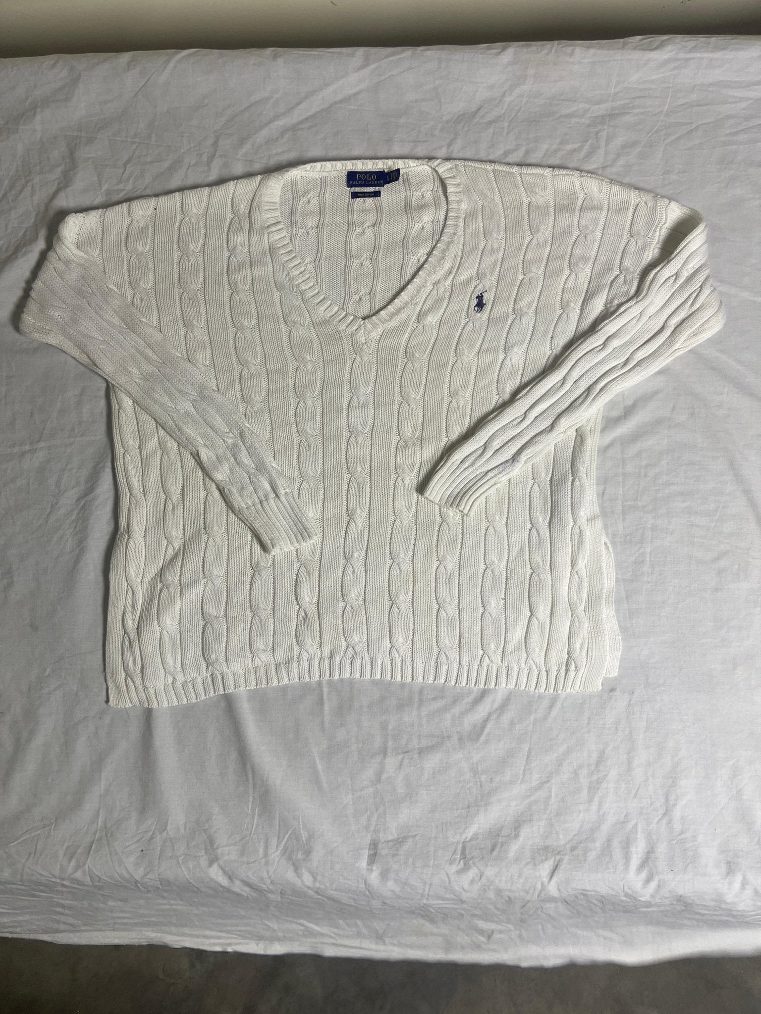 Vintage Polo Ralph Lauren Cable-Knit V-Neck Sweater - White Pima Cotton (XS) - Vint Drop