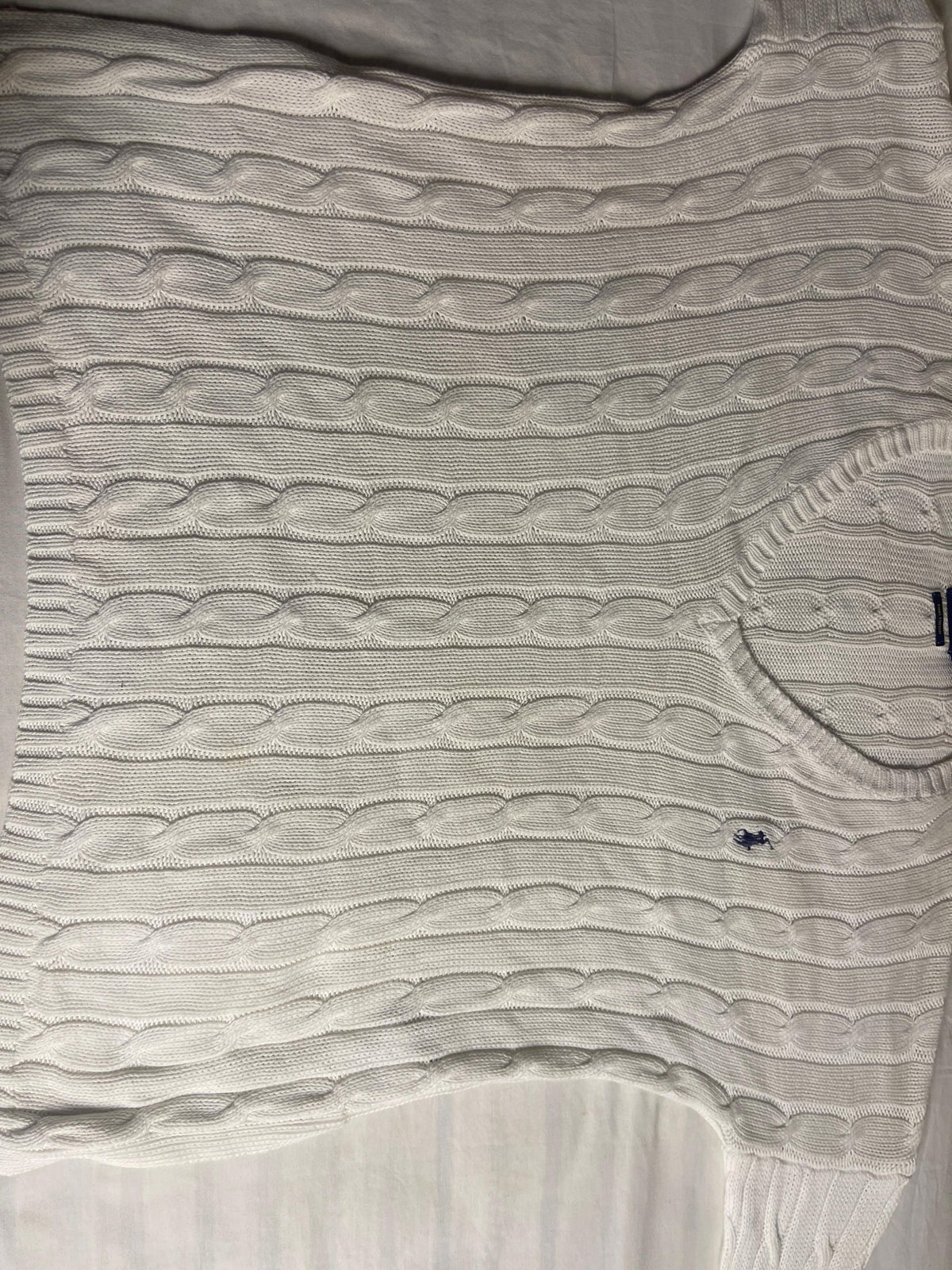 Vintage Polo Ralph Lauren Cable-Knit V-Neck Sweater - White Pima Cotton (XS) - Vint Drop