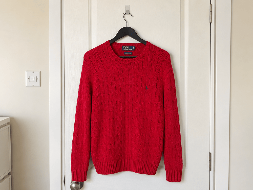 Vintage Polo Ralph Lauren Red Cable-Knit Crewneck Sweater - Size L - Vint Drop