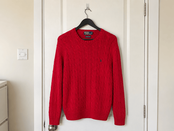 Vintage Polo Ralph Lauren Red Cable-Knit Crewneck Sweater - Size L - Vint Drop