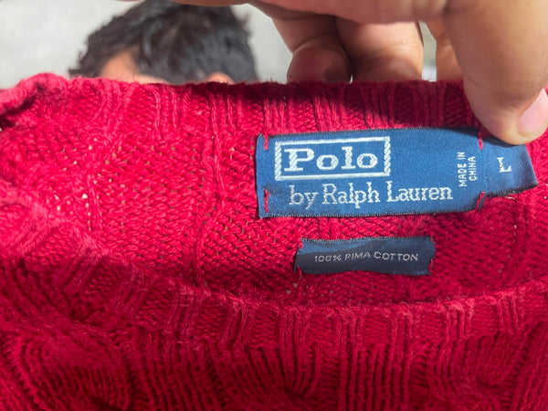 Vintage Polo Ralph Lauren Red Cable-Knit Crewneck Sweater - Size L - Vint Drop